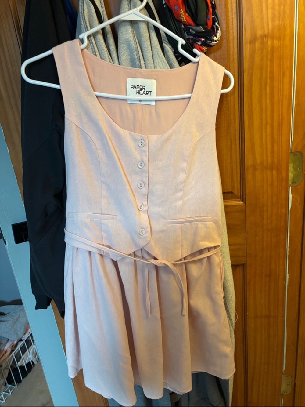 Women's Blush Pink Sleeveless linen lined Button Front Dress